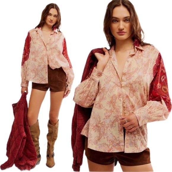 Free People “Rose Bud” Blouse – Mixed Print Boho Button down 100% Cotton 🌸 - Picture 2 of 9